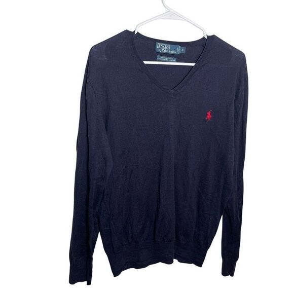 Polo by Ralph Lauren Sweater Men's Small Navy V-Neck Pullover Knit Cotton - Picture 1 of 7